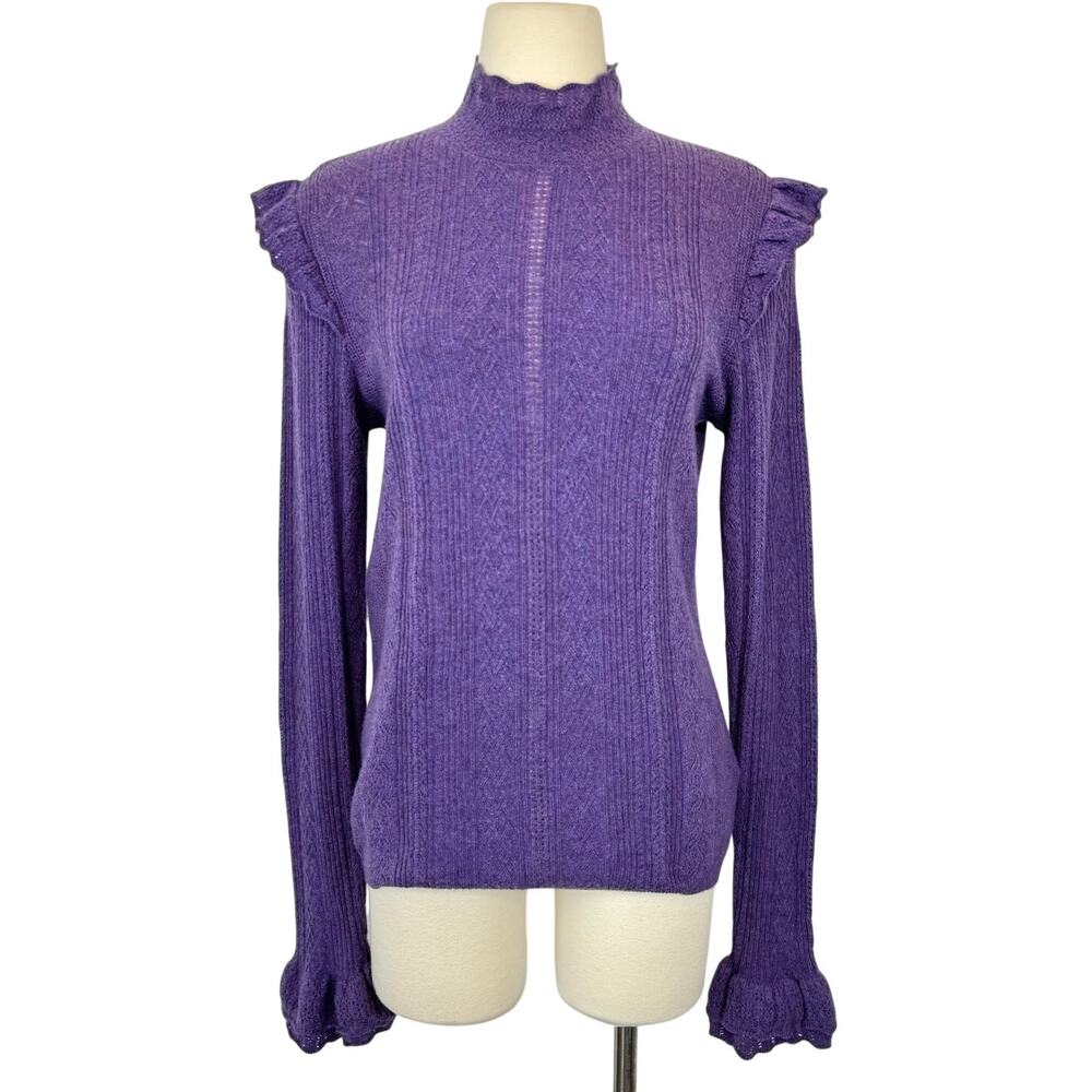 Polo Ralph Lauren Wool Cable Knit Sweater Mock-Neck Ruffle Trim Purple Women's L